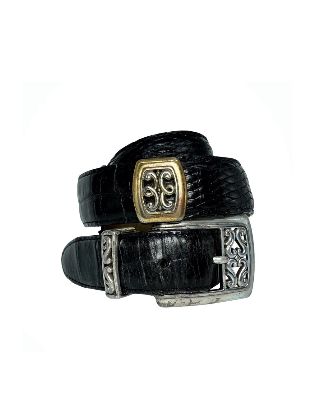 Vintage Brighton Black Croc Embossed Leather Belt Ornate Silver Brass Scrollwork
